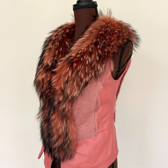NWOT Pink Leather Vest Real Fox Fur S size - Picture 4 of 16